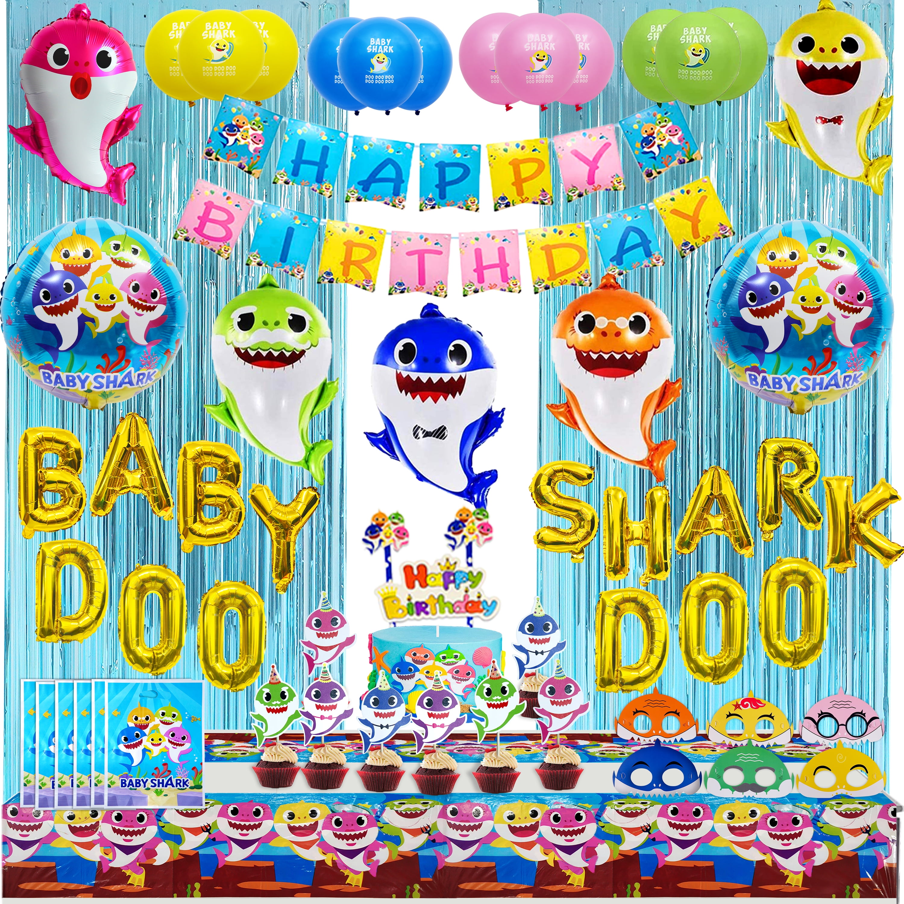 Baby Shark Doo Doo Theme Birthday Decorations - Shark Family Balloons Masks Cupcake Toppers Banner Tablecloth Shark Party Supply for Kids