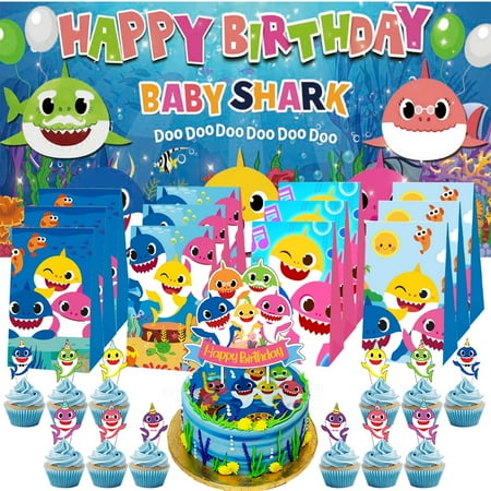 Baby Shark Goodie Bags Treat Candy Decorations Party Favor Supplies Birthday Cake Topper Backdrop Banner