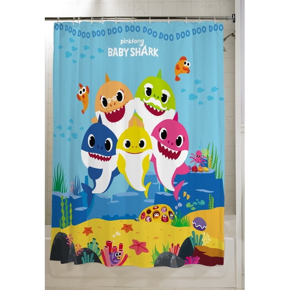 Baby Shark 13Pc Fabric Shower Curtain and Hook Set, Kids Bath, 72x72