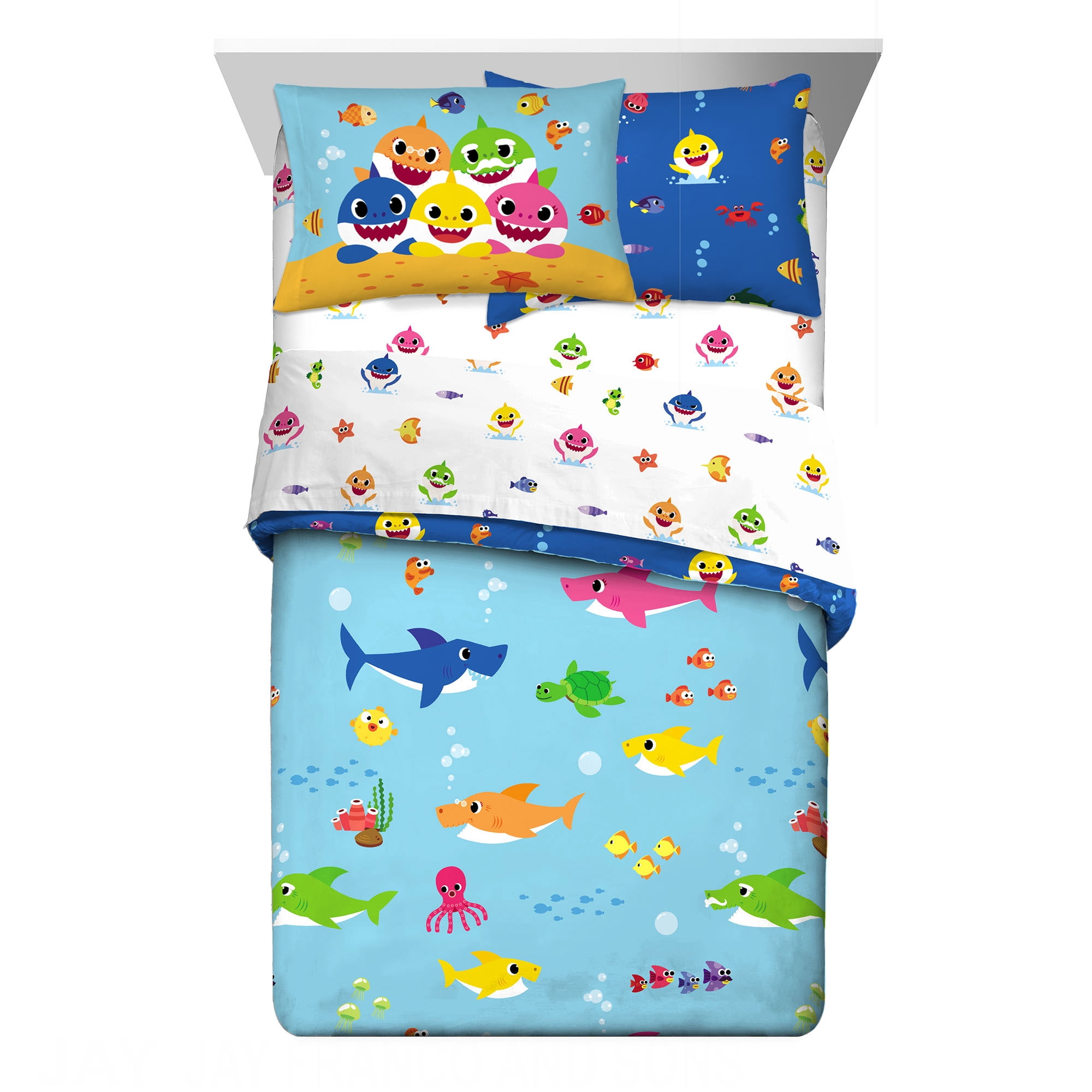Baby Shark Kids Full Bed in a Bag, Comforter Sheets and Sham, Blue