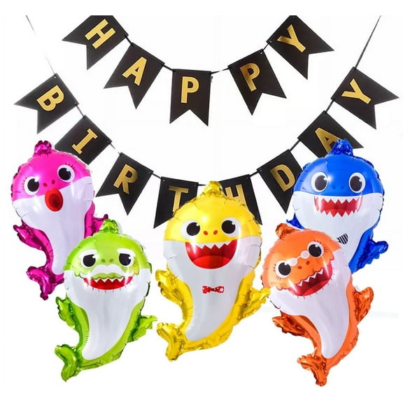 5 PCS Shark Balloons Shark Party Helium Balloons with Birthday Banner