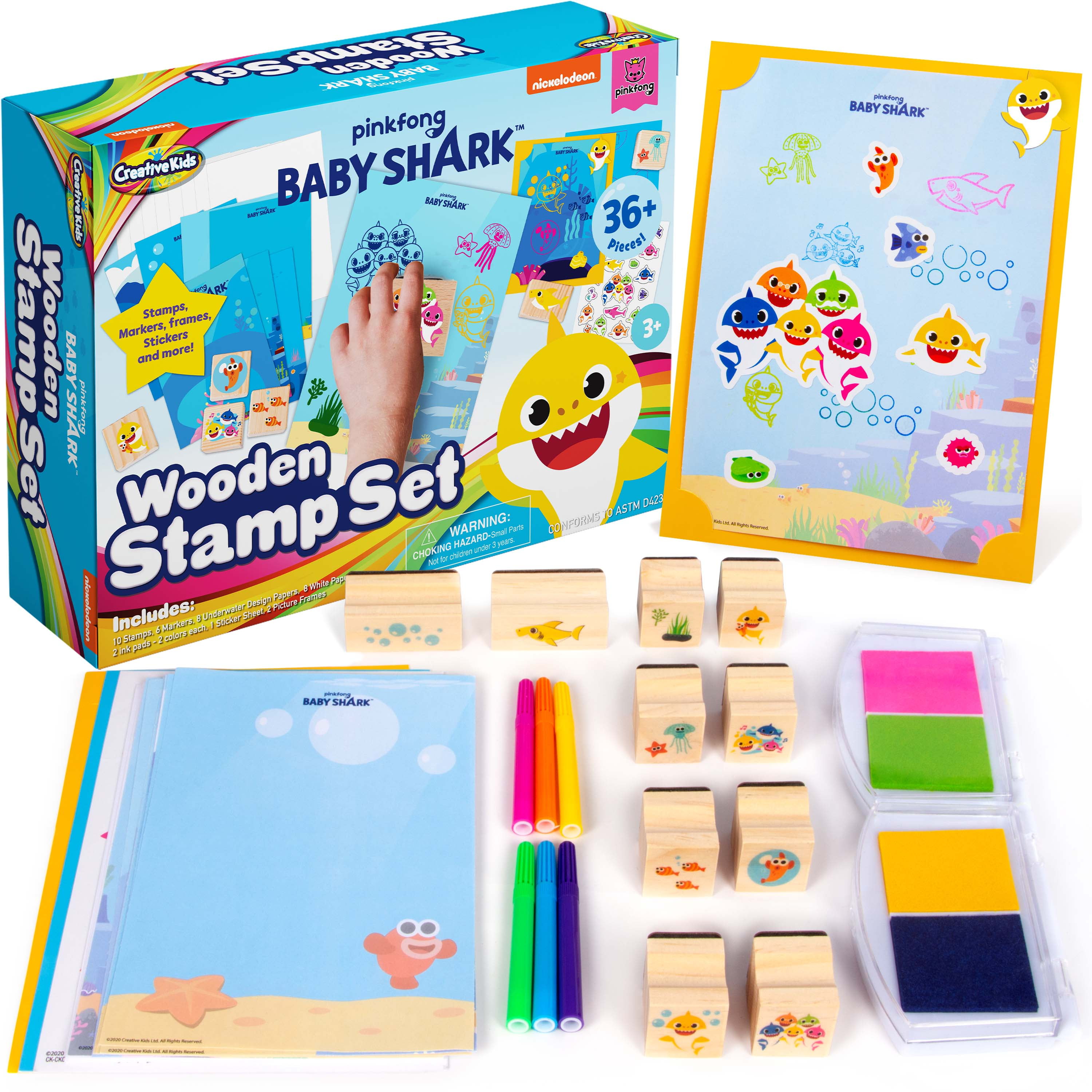 Baby Shark Stamp Set by Creative Kids 36 Piece Wooden Stamps Set Includes Ink Pads, Stickers, Markers, Picture Frames - Montessori Wood Stamp Birthday Gift Set for Girls & Boys Toddlers Ages 3+