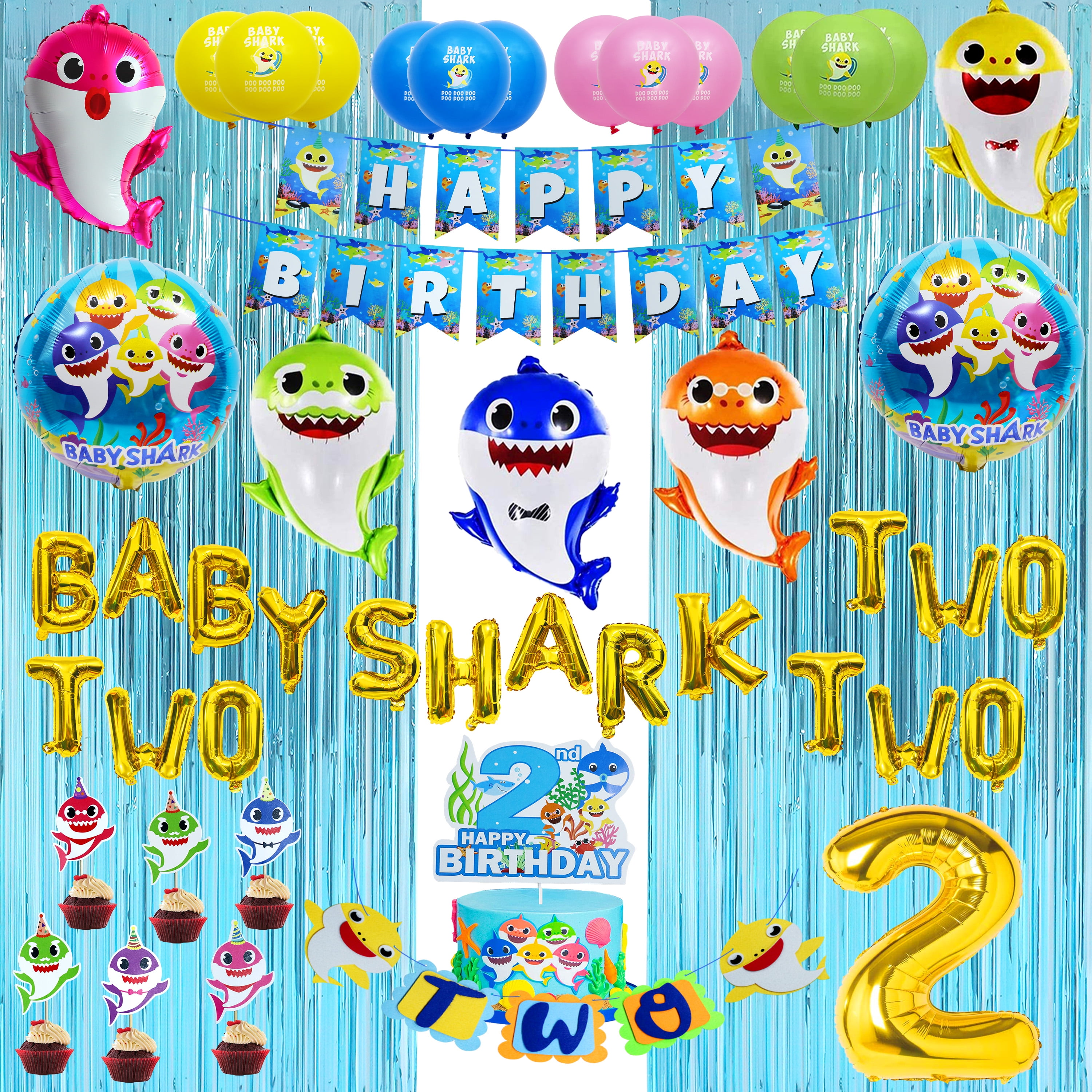 Baby Shark Theme 2nd Birthday Decorations - Two Two Baby Shark Family Balloons Cake Cupcake Topper Banner for Kids Party Supply