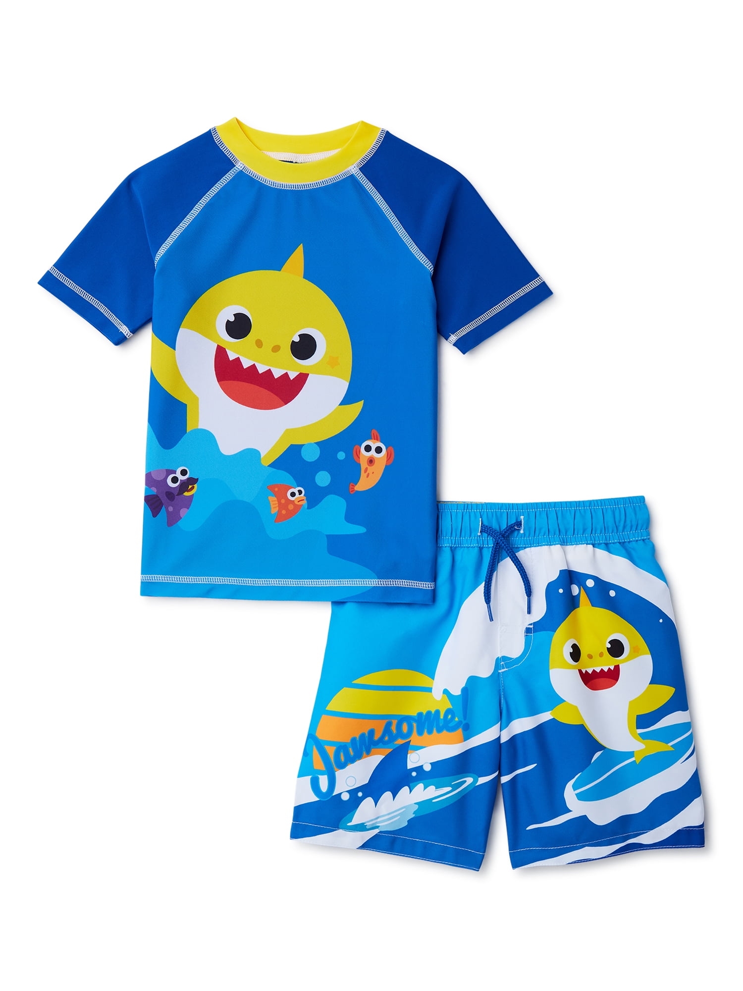 Baby Shark Brandclub Baby Shark Toddler Boy Rash Guard and Trunks UPF 50 2 Piece Swim Sizes 2T 4T