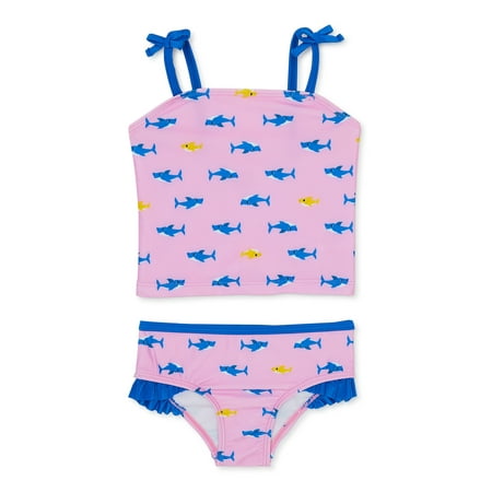 Baby Shark Toddler Girl Ruffle Tankini, 2-pcs, Sizes 18M-5T, Pink & Blue