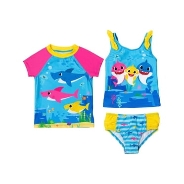 Baby Shark Toddler Girls' 3 Piece Rashguard Swimsuit Set, Sizes 2T-4T