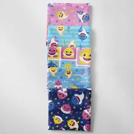 Baby Shark 18" x 21" 100% Cotton, Multi-color, for Quilting & Sewing, 5 Pieces