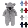 thumbnail image 1 of Baby Sherpa Fleece Jumpsuits Cute Fuzzy Buton Long Sleeve Hooded Romper Kids Lightweight Winter Warm Loungewear 0-12 Months, 1 of 5