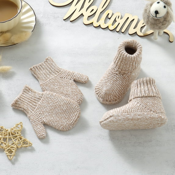Baby Shoes + Gloves Set Knit Newborn Girls Boys Boots Mitten Fashion Solid Toddler Infant Slip-On Bed Shoes Hand Made