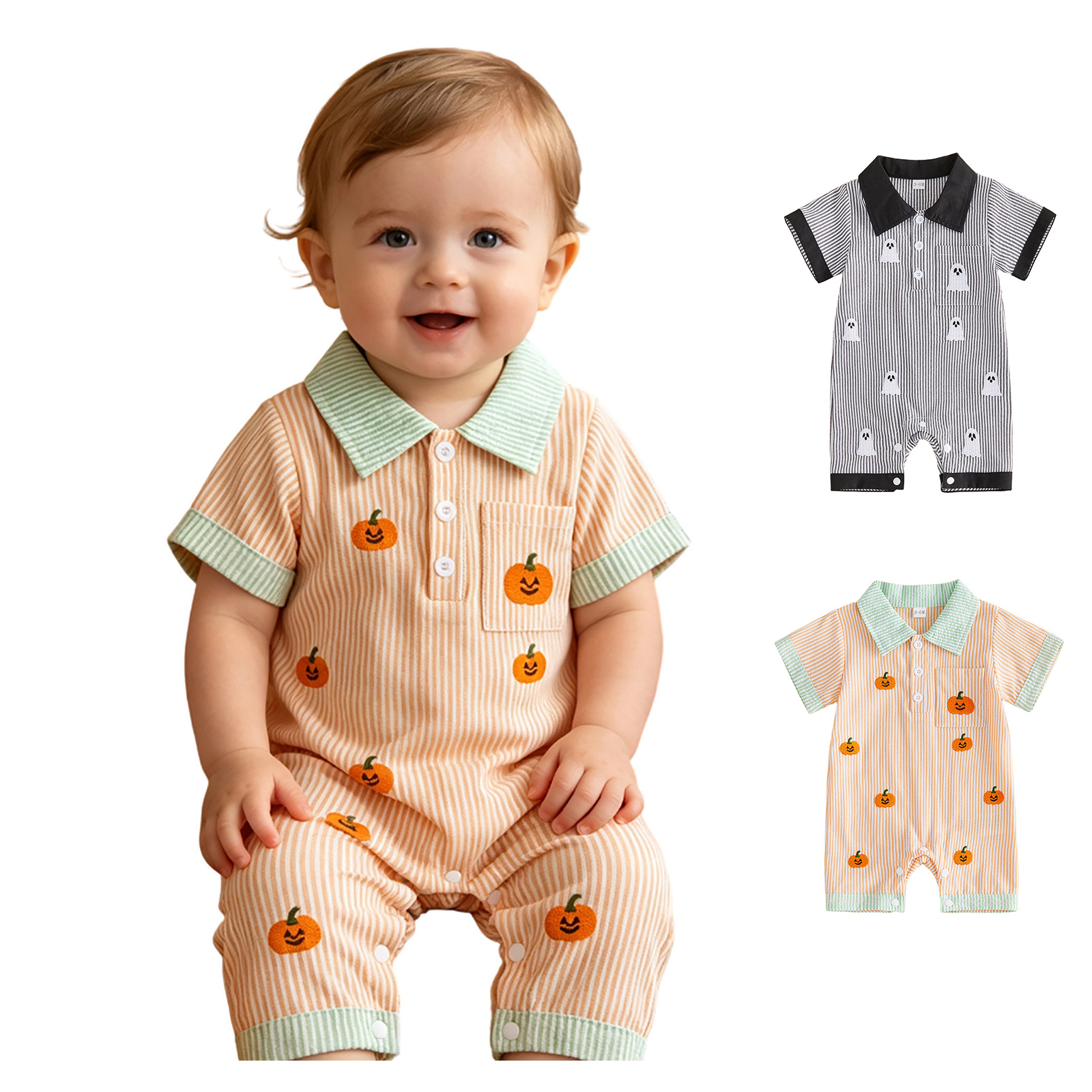 Baby Short Sleeve Button down Embroidered Jumpsuit Halloween Party Clothes Toddler Halloween Outfits Size 3-18 Months