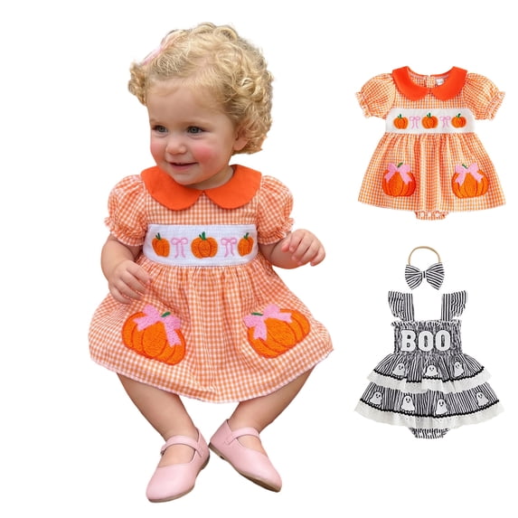 Baby Short Sleeve Pumpkin Embroidered Bodysuit Polo Dresses Halloween Cosplay Girls Halloween Outfits Size 3-6 Months