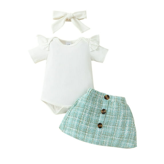 Baby Short Sleeve Top Skirt Set 0 1Y Baby Girl Solid Color Triangle Dress Gold Silk Skirt Pure White Dress Plaid Skirt