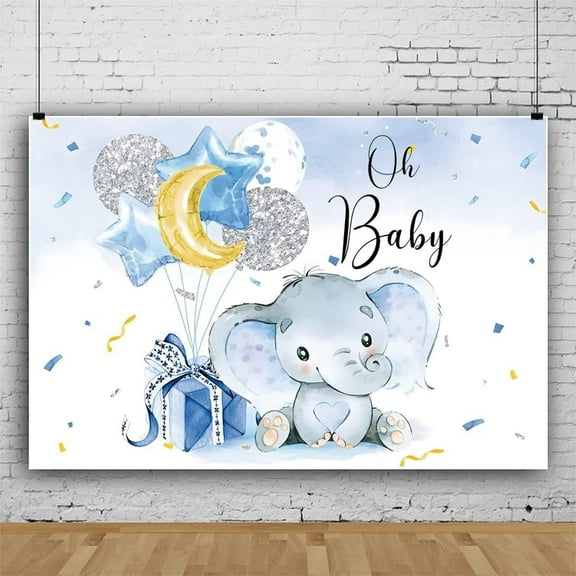 Baby Shower Backdrop Blue Cute Baby Elephant Gift Box Photography Background Star Moon Balloon Background Photo Studio Booth Prop Birthday Party Banner