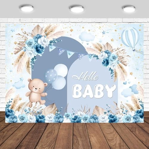 Baby Shower Backdrop Blue Floral Hello Baby Boys Bear Theme Bohemian ...