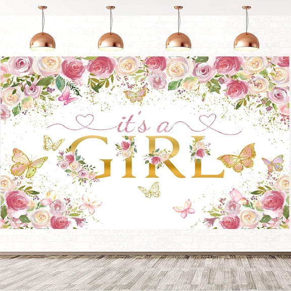 Baby Shower Backdrop It's a Girl Watercolor Pink Flowers Butterflies Princess Photography Background Newborn Baby Shower Birthday Party Cake Table Decorations Banner Photo Booth Props
