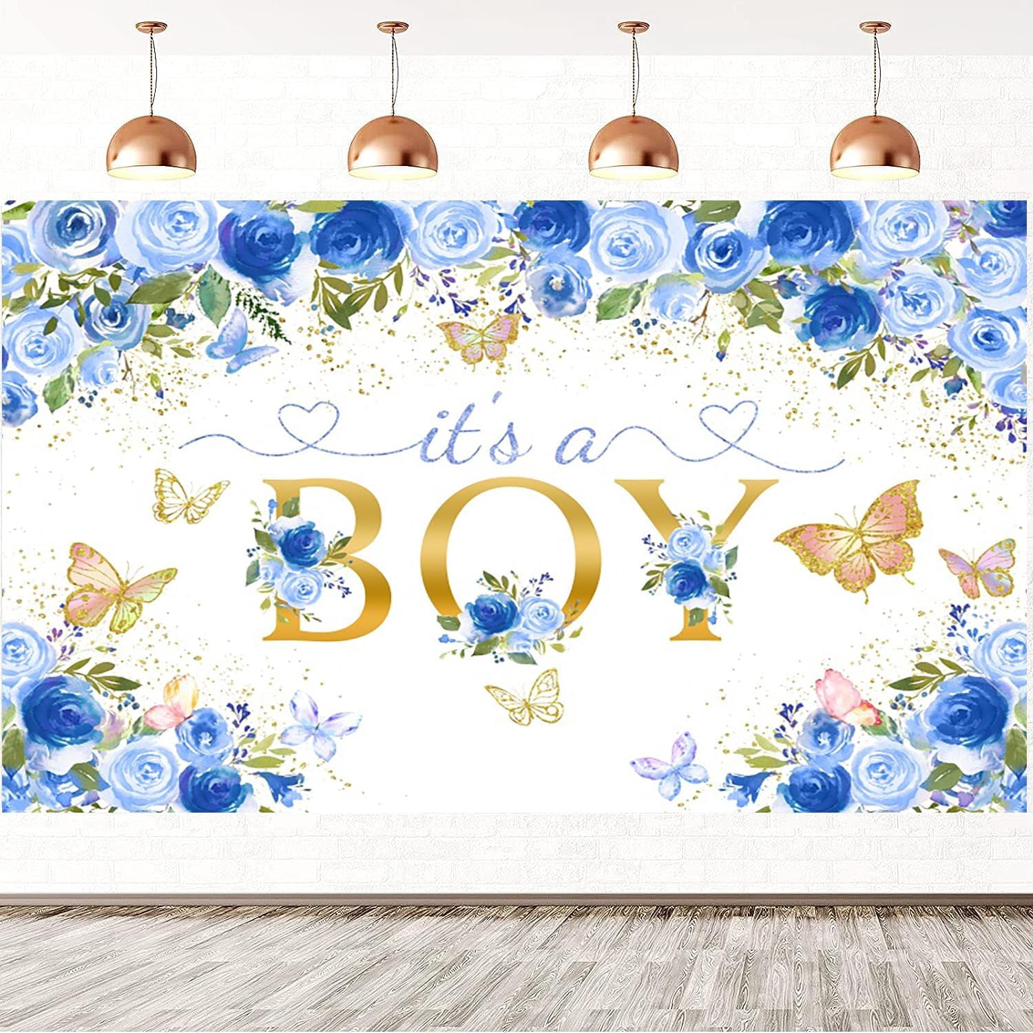 Baby Shower Backdrop It's a Boy Watercolor Blue Flowers Butterflies ...