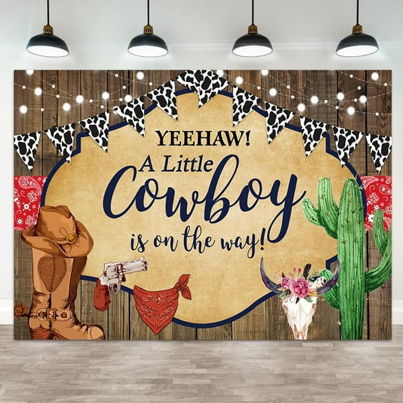 Baby Shower Backdrop A Little Cowboy is on The Way Photography Background Boot Hat Cactus Flag Wood Western Rodeo Kid Birthday Party Banner Decorations Newborn Parties Photo Booth Prop