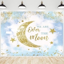 Baby Shower Backdrop We are Over The Moon Gold Stars Blue Starry Sky Cloud Background Gender Reveal Photography Background for Newborn Party Decorations Banner Supplies Photo Booth Props