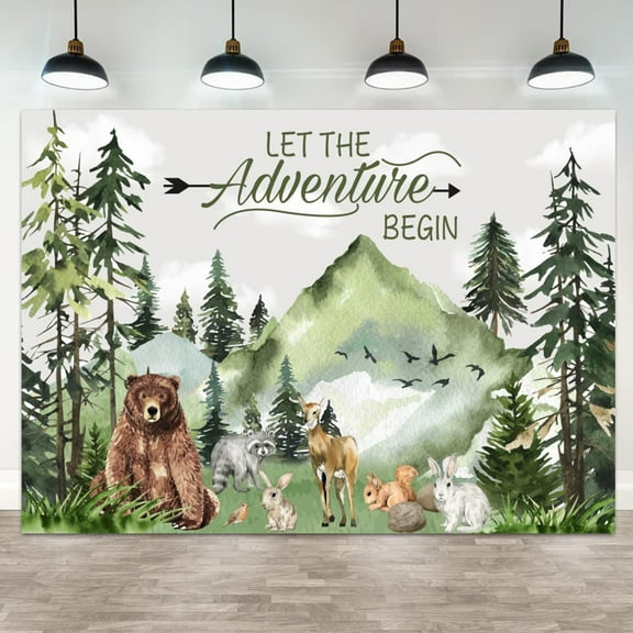 Baby Shower Backdrop Mountain Forest Wild Animal Photography Background Cartoon Bear Woodland Green Trees White Cloud Birthday Party Banner Decorations Gender Reveal Photo Booth Props