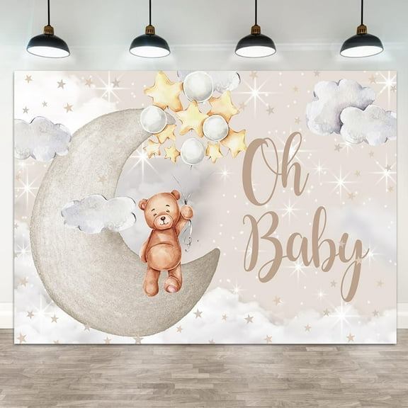 Baby Shower Backdrop Oh Baby Photography Background Bear Silver Balloon Moon White Cloud Glitter Star Kids Birthday Party Banner Decorations Newborn Gender Reveal Photo Booth Props