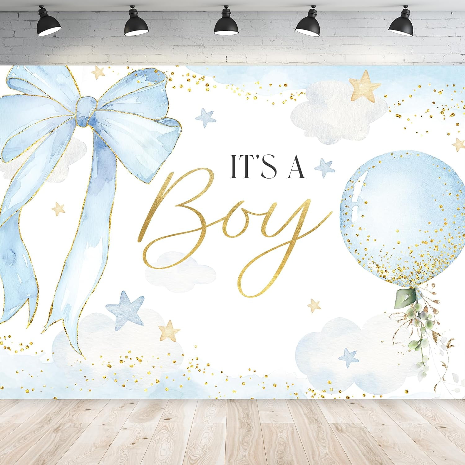Baby Shower Backdrop Photography It's a Boy Blue Balloons Watercolor Bow  Gold Dots Stars for Kids Background Pastel Green Leaves Plant Party ..., image size:1500x1500