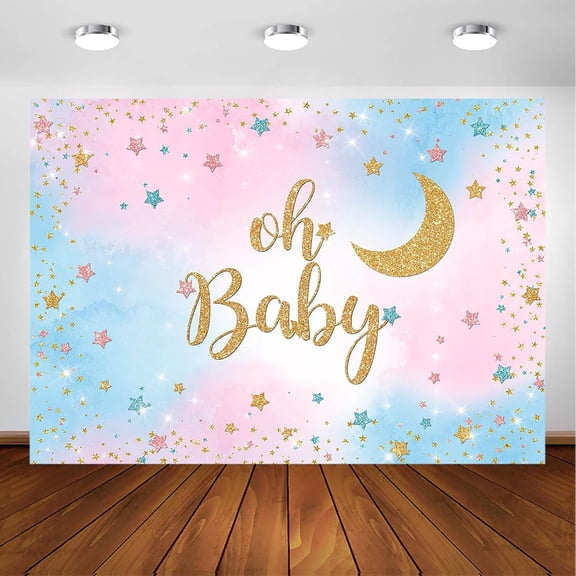 Baby Shower Backdrop Watercolor Pink or Blue Clouds Oh Baby Photography Background Moon and Star Baby Shower Party Decorations Banner Supplies Photo Booth Props