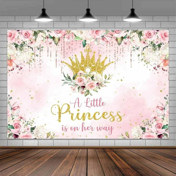 Baby Shower Backdrops A Little Princess Baby Shower Party Decorations Banner for Girls Pink Flower Floral Gold Glitter Crown Photography Background Cake Table Decor