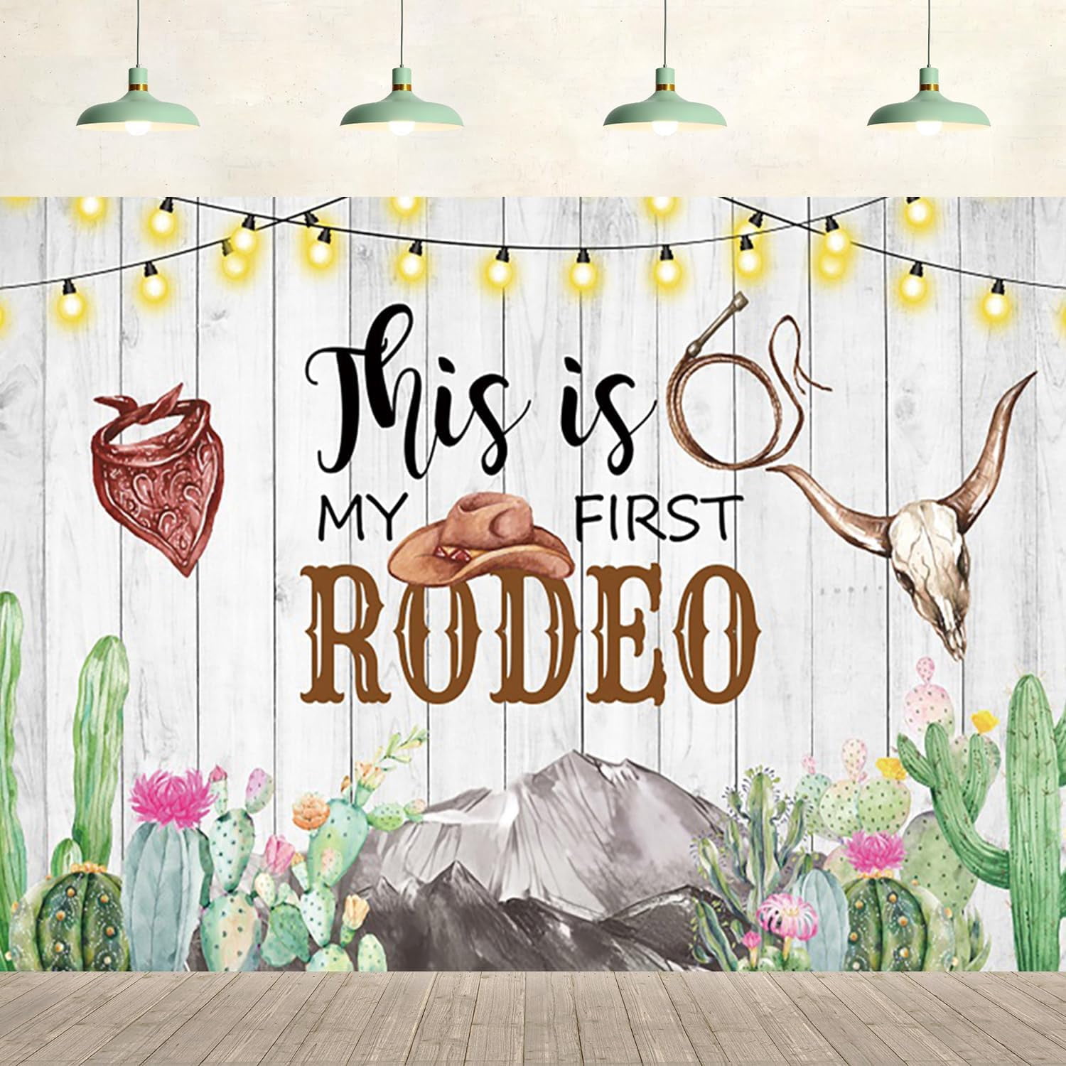 Baby Shower Background Cow Boy This is My First Rodeo Cactus White Wood ...