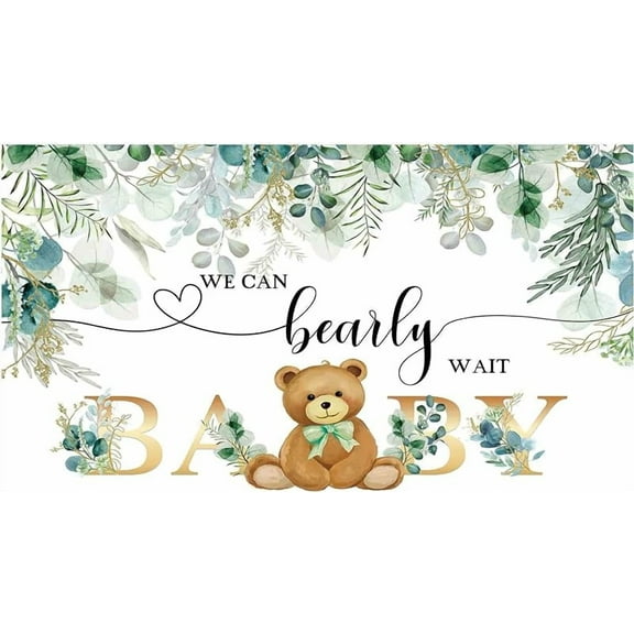 Baby Shower Bear Party Backdrop Photography Background We Can Bearly Wait Watercolor Leaves Floral Lovely Cake Table Decoration Photo Booth Props Banner Supplies Green