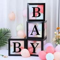 Baby Shower Boxes Party Decorations –Pcs Transparent Balloons Boxes Décor with Letters, Individual BABY Blocks Design for Boys Girls Baby Shower Decorations Black