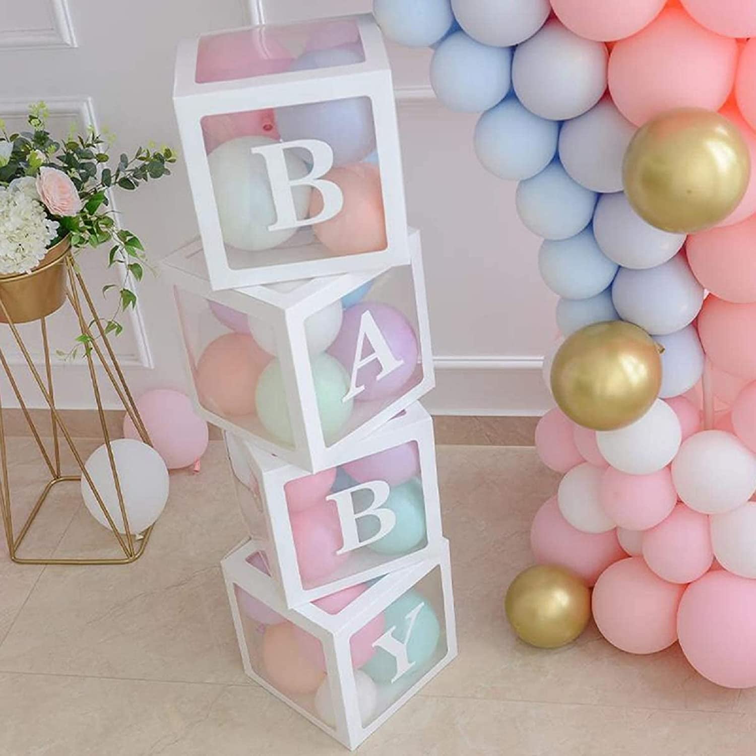 Wood Print Baby Shower Boxes for Teddy Bear Birthday Party Centerpiece - 4  Pcs Wood Grain Baby Cubes Rustic Baby Blocks with Letters, Brown Baby