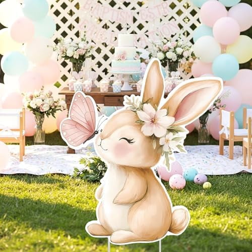 Baby Shower Bunny Decorations 32 x 28 Inch Spring Easter Backdrop Cutout Yard Sign with Stakes for Outdoor Birthday and Gender Reveal Party Decor