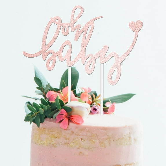Baby Shower Cake Topper Rose Gold - "OH BABY" - 6.5" x 4" Double Sided Glitter Cardstock Topper For Baby Showers and Gender Reveal Parties for Boys and Girls - Food-Safe & Eco-Friendly Stand