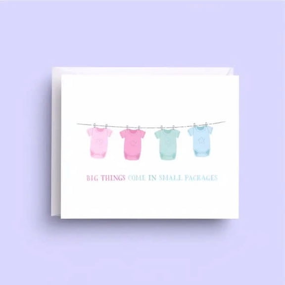 Baby Shower Card  "Big Things Come in Small Packages" Design  Adorable Onesies Illustration  Blank Inside, Envelope Included  Perfect for New Baby Celebrations