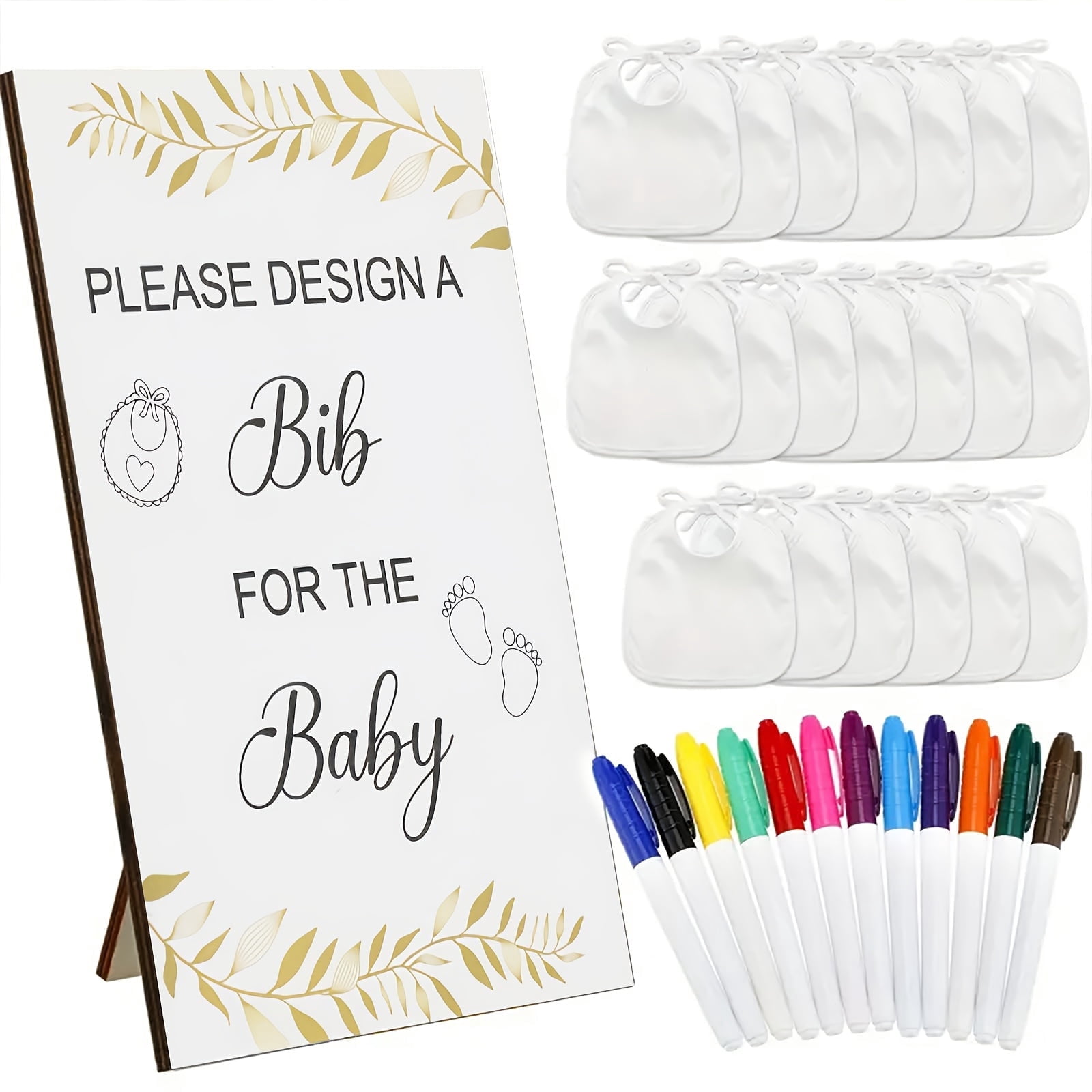Baby Shower Coloring Bibs Set, 30 Disposable Non-Woven Bibs 7x7in with 12 Markers & 5.1x7.9in Game Sign, Baby Party Activity for Christmas, New Year, Valentine & Holidays