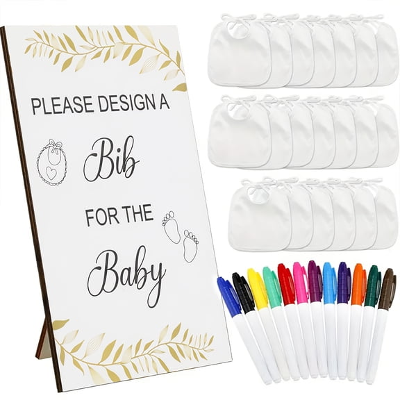 Baby Shower Coloring Bibs Set, 30 Disposable Non-Woven Bibs 7x7in with 12 Markers & 5.1x7.9in Game Sign, Baby Party Activity for Christmas, New Year, Valentine & Holidays