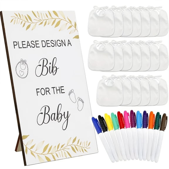 Baby Shower Coloring Bibs Set, 30 Disposable Non-Woven Bibs 7x7in with 12 Markers & 5.1x7.9in Game Sign, Baby Party Activity for Christmas, New Year, Valentine & Holidays