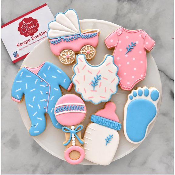 Baby Shower Cookie Cutters 7-Pc Set Made in USA by Ann Clark, Onesie, Bib, Rattle, Bottle, Carriage, Foot, Footie PJs