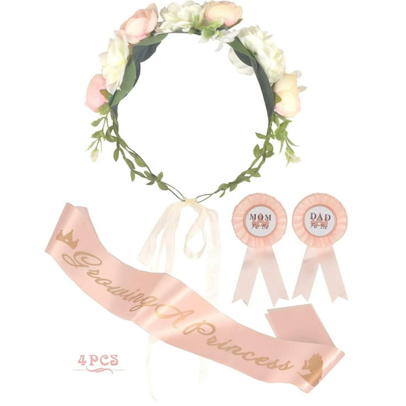 Baby Shower Decoration for Girl, Mom To Be Flower Crown,Growing a Princess Sash, Mommy to be Pin, Dad To Be Pin, Baby Shower Party Favors Decorations Gift