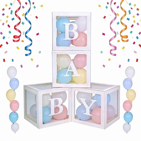Baby Shower Decorations 4 PCS Clear Balloon Boxes with BABY Letters, White, for Gender Reveal, Birthday Party, Nursery Decor