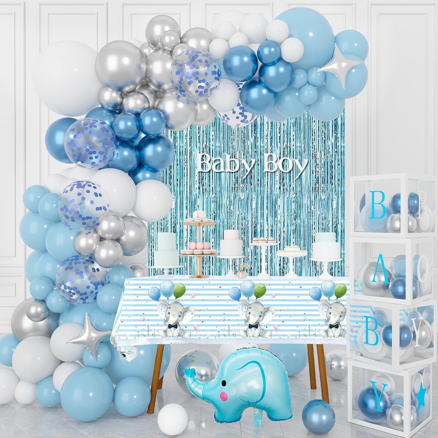 Baby Shower Decorations Boy, Baby Boxes with Letters, Elephant Baby Shower Decorations Backdrop with Blue White Balloon Tablecloth Fringe Curtain Star, image size:1500x1500