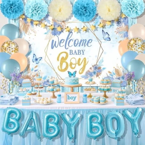 Baby Shower Decorations for Boy Blue Baby Party Decor with Welcome Baby Boy Backdrop Banner Balloons Fringe Curtains Paper Pompoms Newborn Gender Reveal Background Party Supplies