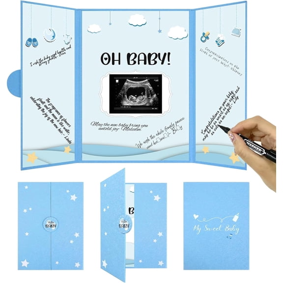 Baby Shower Decorations for Boy, Cute Baby Shower Signature Board with Picture, Blue Baby Shower Guest Book Alternatives 18" x 12", Creative Baby Shower Keepsake for Baby Boys