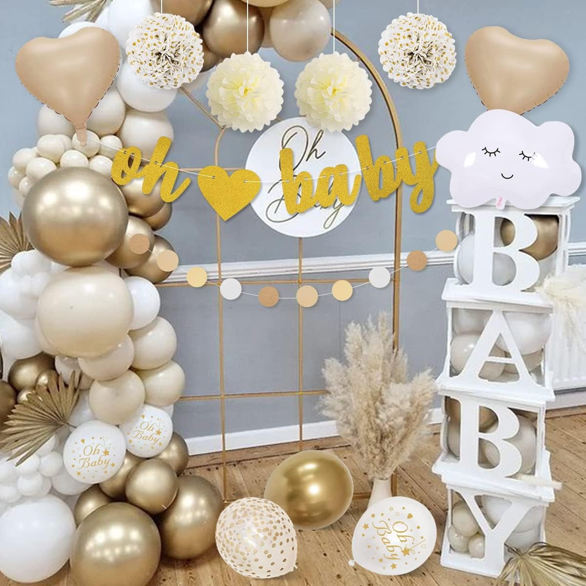 Baby Shower Decorations for Boy Girl, Beige White Metallic Gold Balloons  with Oh Baby Banner, Paper Pompoms, Mommy to Be Sash for Gender Reveal  Party ..., image size:1200x1200