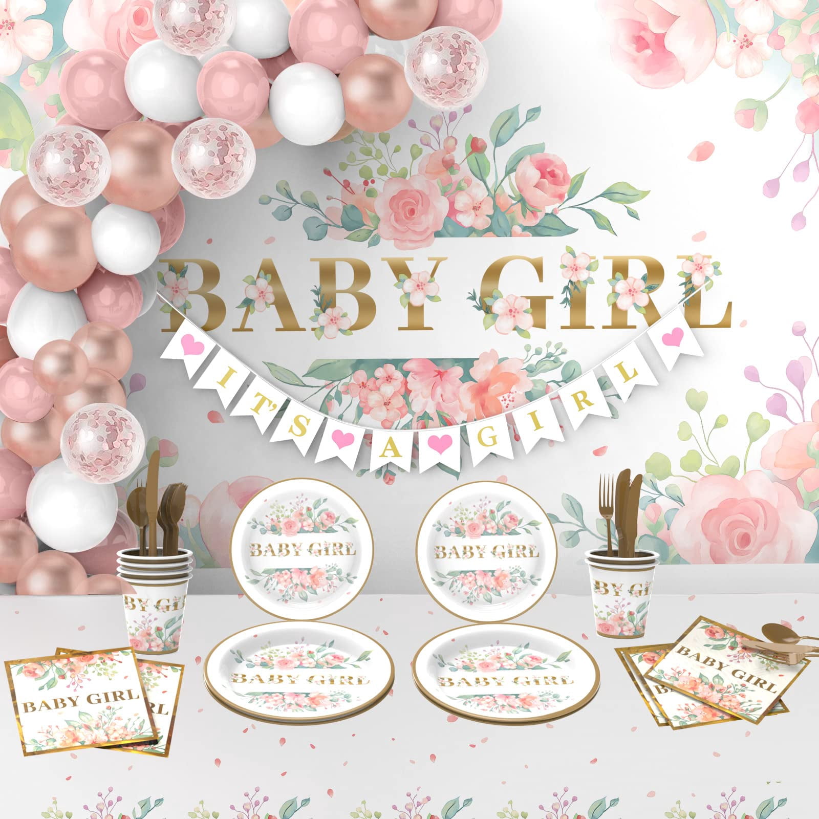 60 Pcs Floral Baby Shower Decorations Set - Wildflower Party Decor For Girls | First Birthday Banner, Cake Topper, Balloons