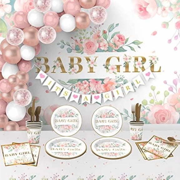 Baby Shower Decorations for Girl242 PCS of Floral Girl Baby Shower Decorations Party Supplies with Background,Disposable Tableware25 guests),"It's A Girl" Banner, Balloons Wreath and Tablecloth