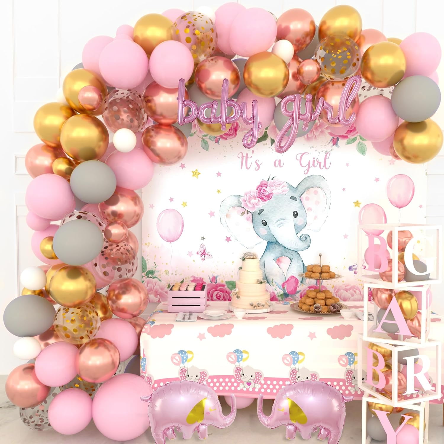 Baby Shower Decorations, Baby Girl Gender Reveal Party Supplies Set Kit with Baby Boxes Letters It's a Girl Backdrop Tablecloth Balloons for Baby Girl Shower Party Decor