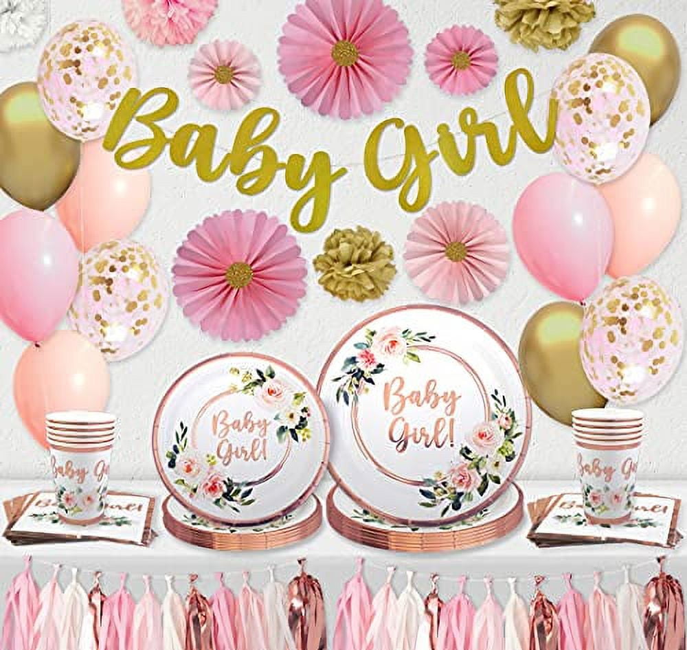 16 Blue Pink Gold Floral Paper Plates for Baby Shower Bridal Shower MW35854