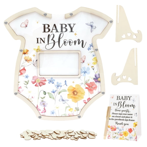 Baby Shower Decorations Guest Book Set Wood Guestbook Keepsake with Pen Photo Frame 60 Heart Wood Slices for New Parents