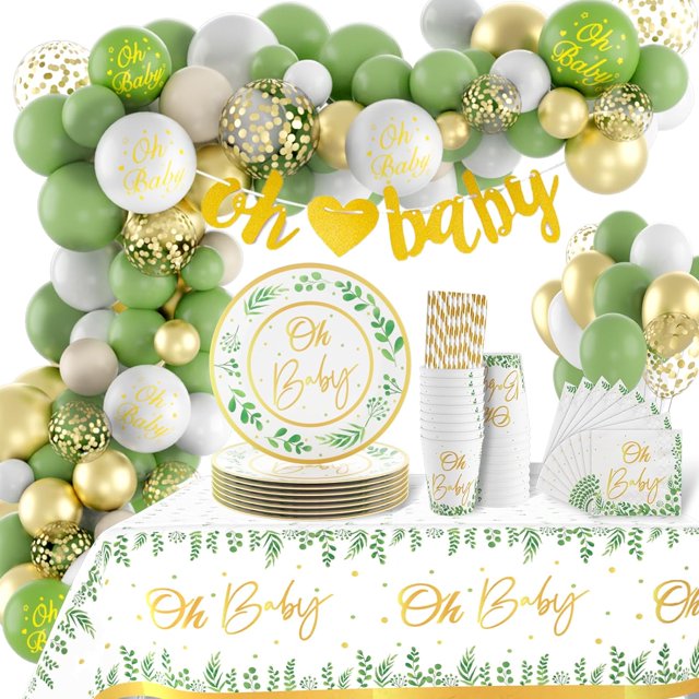 Baby Shower Decorations Kit for Boys Girls, Baby Shower Plates Cups and Napkins 16 Guests, Sage